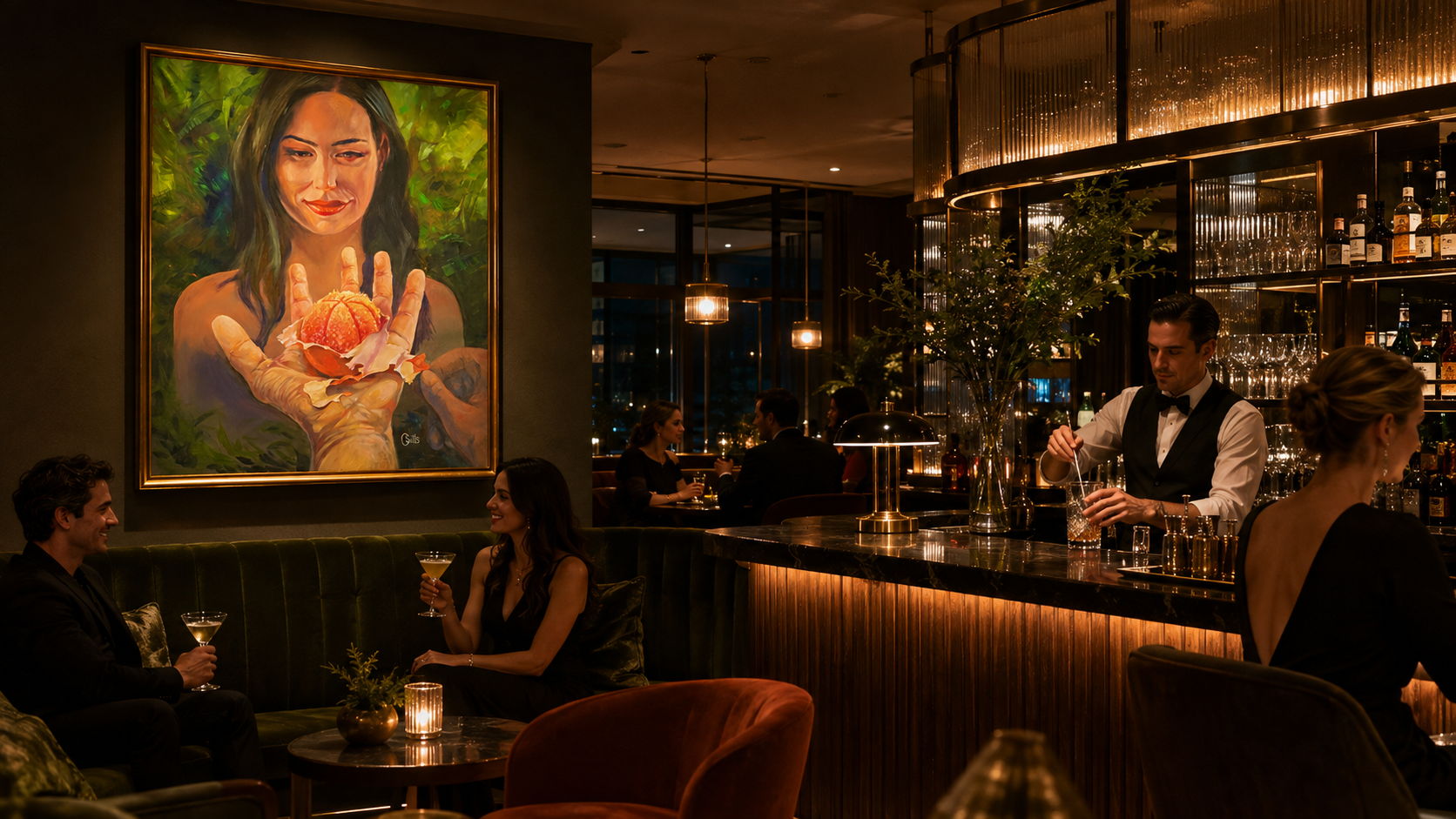 Original painting displayed in upscale martini bar